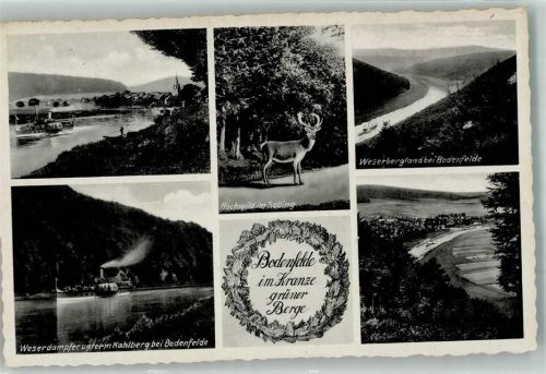 Bodenfelde Panorama des Ortes an der Weser mit der Christuskirche Raddampfer unter dem Kahlberg Hirsch im Solling Verlag Thoericht 18291