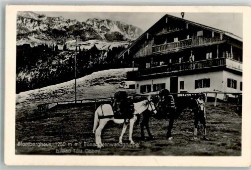 83646 W8170 Wackersberg b Bad Tölz Foto AK Esel vor dem Blomberghaus mit Benediktenwand Tracht Fotograf Max Lerpscher Hüttenstempel Notopfermarke