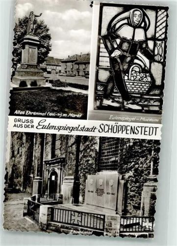 38154 W3308 Schöppenstedt Foto AK Eulenspiegel-Museum Bleiverglastes Fenster Altes und neues Kriegerdenkmal