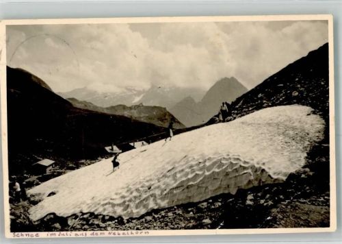 Nebelhorn Gipfelhütte 1938 Schneeplatte auf dem Nebelhorn im Sommer Ort handschriftlich