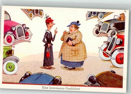 Zwei parlierende Frauen halten den Verkehr auf der Straße auf Auto Humor Künstlerkarte
