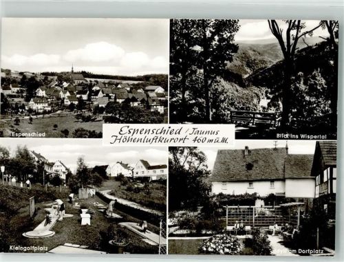 Espenschied Panorama des Ortes mit Sankt-Nikolaus-Kirche Minigolf Wispertal Dorfplatz