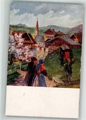 1927 sign. Niebler Sonntagsmorgen Gläubige auf dem Weg zur Kirche