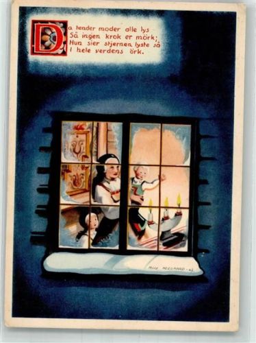 1944 sign. Heegaard, Milly Norwegische Mutter mit zwei Kindern am Fenster der warmen Stube