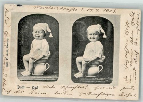 1903 Zwei kleine Kinder im Duett auf dem Topf Leim löst sich