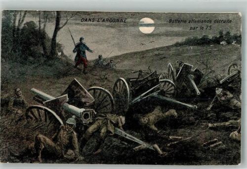 In den Argonnen Deutsche Batterie zerstört durch die 75 Propaganda WK I Künstlerkarte