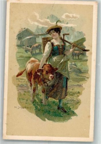 Almbäuerin in Tracht mit einem Kalb Schubert, H. Künstlerkarte