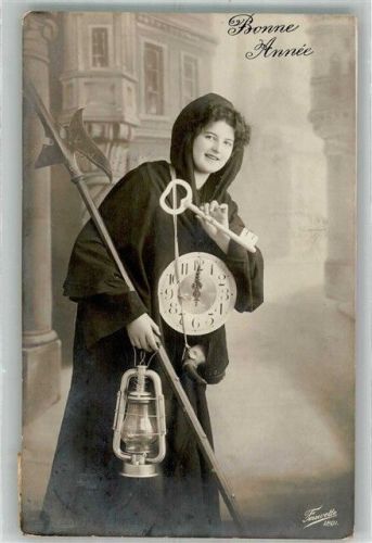 Neujahr Kind mit Uhr Hellebarde Schlüssel und Laterne Fauvette 1201