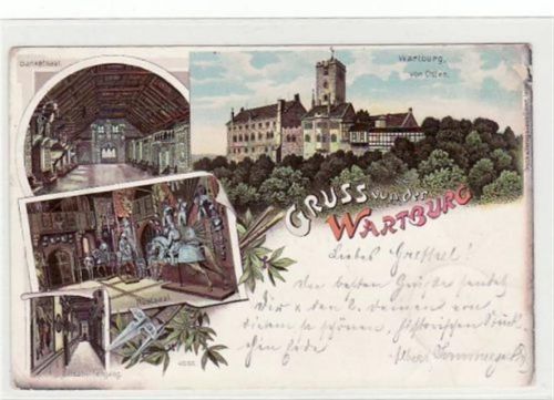 Wartburg Gruß von der Wartburg bei Eisenach i. Thür. Burg von Osten Banketsaal Rüstsaal Elisabethengang gelaufen 1897 Eckbug oben rechts, untere linke Ecke Oxydationsspuren rechter Rand, sonst gut erhalten.