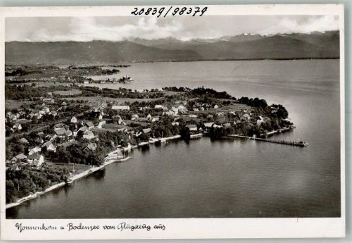 Nonnenhorn Fliegeraufnahme des Ortes am Bodensee mit Seebrücke und Alpenpanorama