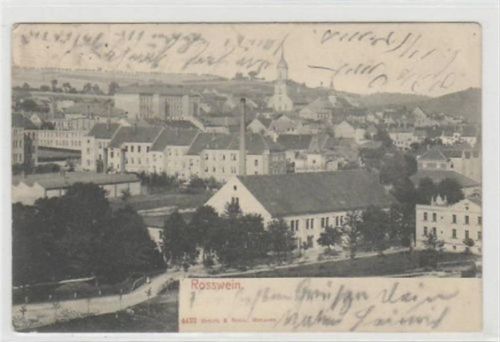 Roßwein Roßwein mit Teilansicht gelaufen von 1907. Leicht stockfleckig, sonst gut erhalten.