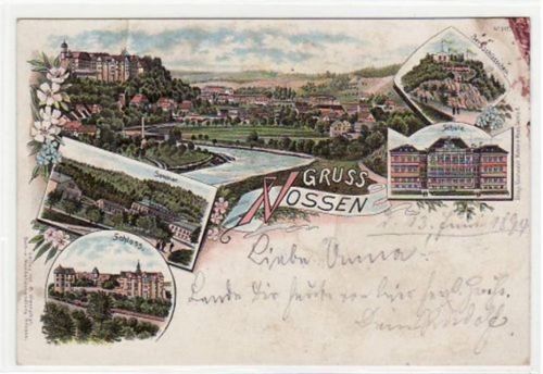 Nossen, Lithographie Seminar, Schloss, Schule und Bergschlösschen gelaufen von 1894 kleiner Knick unten links, bräunlicher Fleck auf der Vorder- und Rückseite oben, leicht stockfleckig, sonst gut erhalten.
