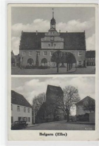 Belgern mit Kirche und Marktplatz gelaufen, Marke entfernt. Leicht bügig, leicht fleckig, sonst gut erhalten.