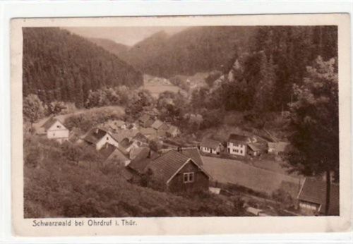 Ohrdruf Schwarzwald bei Ohrdruf i. Thür. Totalansicht gelaufen 1927 kleiner Knick an der unteren rechten Ecke leicht fleckig, sonst gut erhalten.