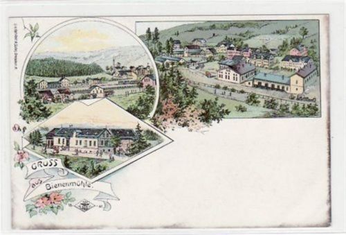 Rechenberg-Bienenmühle Bienenmühle, Lithographie mit 3 Abbildungen. ungelaufen um 1900 Ecken mit Albumabdrücken, Oxydationsspuren an den Rändern, zwei kleine Kratzer Rückseite, sonst gut erhalten.