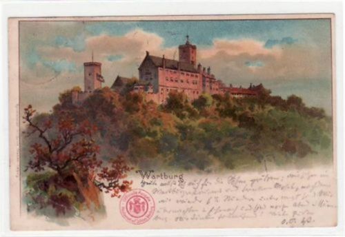 Wartburg Lithographie der Wartburg bei Eisenach i. Thür. Gesamtansicht gelaufen 1899 Eckbug oben links, sonst gut erhalten.