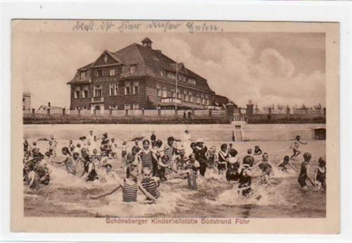 Südstrand auf Föhr mit Schöneberger Kinderheilstätte gelaufen, 1928. Gute Erhaltung.