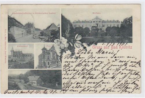 Bad Köstritz Gruss aus Bad Köstritz. Landwirtschaftliche u. Gärtnerische Institut Kurhaus Frauenasyl Post Oelsdorfmühle gelaufen 1901. Leichte Stempelspuren. Leicht fleckig, sonst gut erhalten.