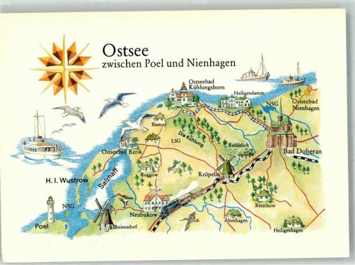 23999 O2401 Insel Poel Künstlerkarte Ostsee zwischen Poel und Nienhagen Eisenbahn Leuchtturm Schiff Möwe Windmühle Kirche Bad Doberan Heiligendamm Salzhaff