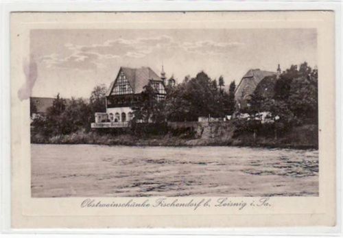 Fischendorf bei Leisnig mit Obstweinschänke gelaufen von 1927. Vorder- und Rückseite leicht fleckig, sonst gut erhalten.