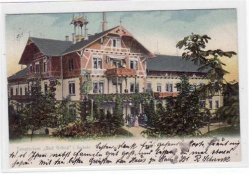 Adorf Grüna mit Sanatorium " Bad Grüna " gelaufen von 1903. Ecken mit Albumabdrücken, kleiner Knick am rechten Rand in der Mitte, sonst gut erhalten.