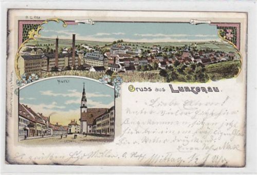 Lithographie Lunzenau. Totalansicht Markt gelaufen am 19.07.1903. Albumabdrücke an den Ecken Ränder leicht oxydiert, leichte Eckabschürfungen, sonst gut erhalten