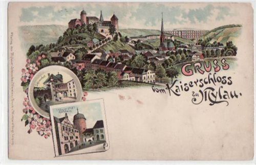 Mylau, Lithographie mit 3 Abbildungen vom Kaiserschloss. ungelaufen um 1900 Marke entfernt. Leicht abgerundete Ecke n, leicht fleckig, sonst gut erhalten