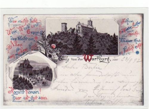 Wartburg Gruß von der Wartburg bei Eisenach i. Thür. zwei verschiedene Ansichten der Wartburg mit Gedicht gelaufen 1897. Oxydationsspuren rechter Rand, sonst gut erhalten.