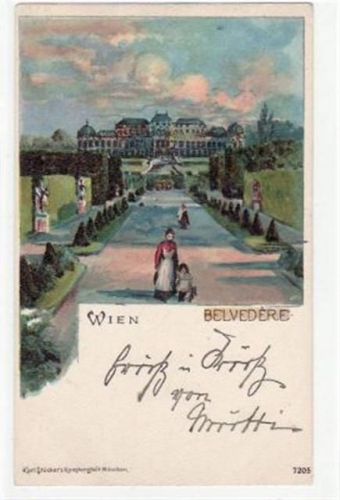 Wien, Lithographie mit Belvedére gelaufen von 1899 kleiner Knick oben rechts, sonst gut erhalten