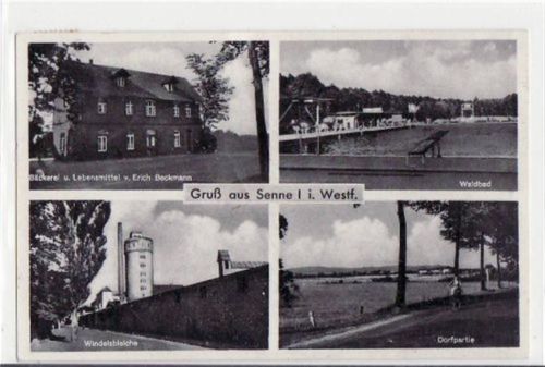 Senne I, 4 Abbildungen mit Bäckerei u. Lebensmittel Beckmann gelaufen, mit Marke und Stempel von 1952. Leichter Schrift- und Stempeldurchdruck, sonst gut erhalten