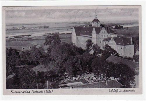 Pretzsch Eisenmoorbad Pretzsch mit Schloß und Kurpark gelaufen von 1944. Leichter Schrift- und Stempeldurchdruck, kleiner Knick unten rechts, sonst gut erhalten.