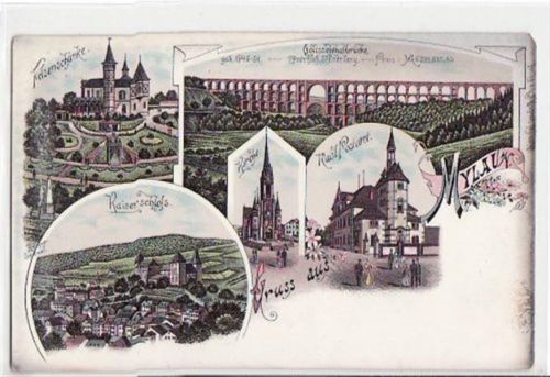 Mylau, Lithographie mit 5 Abbildungen ungelaufen Oxydationsspuren an den Rändern, leichte Eckabschürfungen, sonst gut erhalten