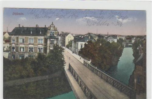 Döbeln Döbeln mit Teilansicht und Brücke. Feldpost, mit Stempel von 1916. leichte Eckabschürfungen und Rändern, leichter Bug auf der rechten Seite in der Mitte, sonst gut erhalten.