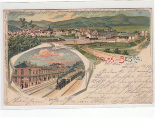 Bebra Bebra, Lithographie. Bahnhof gelaufen, ca. 1901. Ecken mit Albumabdrücken, kleiner Knick unten rechts, sonst gut erhalten