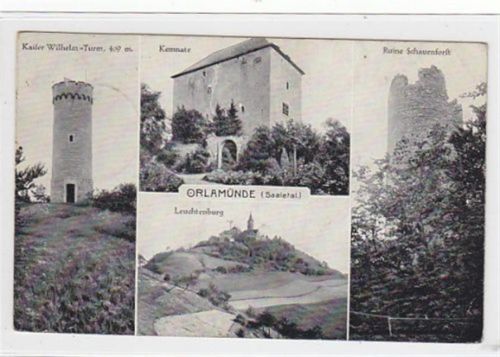 Orlamünde Orlamünde mit Kemnate u. Kaiser Wilhelm - Turm gelaufen, 1941. Leichter Stempeldurchdruck, kleiner Knick unten links und rechts und oben rechts, leichte Abschürfungen, leicht fleckig, sonst gut erhalten