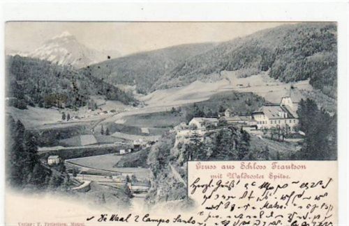 Matrei Matrei am Brenner mit Schloss Trautson und Waldroster Spitze gelaufen von ca. 1900. Leichte Stempelspuren, leichter Schriftdurchdruck, sonst gut erhalten