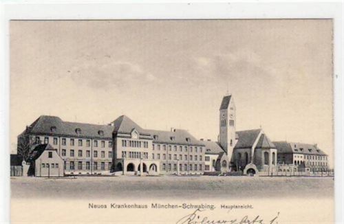 München, Schwabing mit Hauptansicht vom neuen Krankenhaus gelaufen von 1914. Gute Erhaltung.
