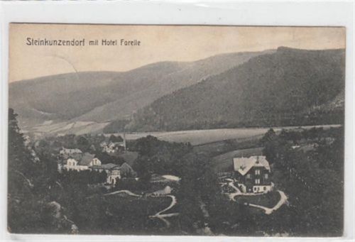 Steinkunzendorf / Kamionki - Kreis Reichenbach / Dzierzoniów mit Hotel Forelle. Inh. H. Vogel gelaufen. Leichter Stempeldurchdruck. leicht stockfleckig, sonst gut erhalten