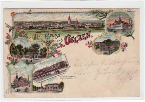 Uelzen Uelzen, Lithographie mit Bahnhof und Höhere Töchterschule gelaufen, 1901 kleiner Knick unten links, Ecken mit Albumabdrücken, leicht fleckig, sonst gut erhalten