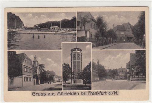 Mörfelden in Hessen bei Frankfurt am Main mit Straßenpartie, Schwimmbad und Turm gelaufen, 1944. Weiche Karte, kleiner Knick unten rechts, leichter Stempeldurchdruck, sonst gut erhalten