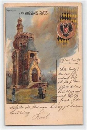 Lithographie Wien. Die Habsburg-Warte gelaufen. Gute Erhaltung.