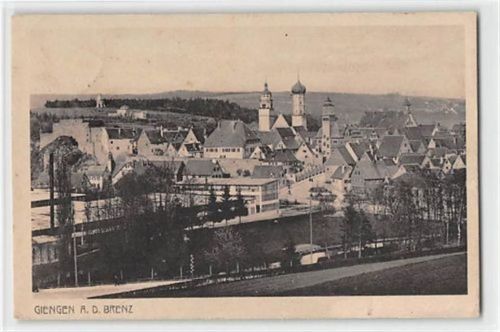 Giengen an der Brenz. Gesamtansicht mit Kirche gelaufen. Marke entfernt. Leichter Stempeldurchdruck, kleiner Knick unten rechts, sonst gut erhalten