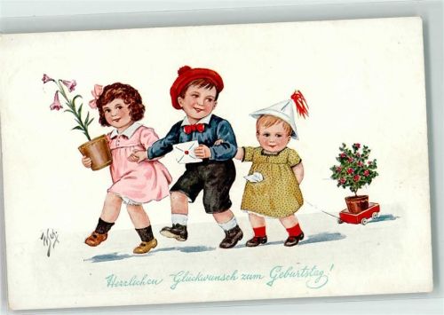 1913 Geburtstag Kinder Brief Blumentopf AK