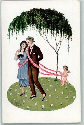 amor Liebespaar im Schlepptau mit einer Rosengirlande AK