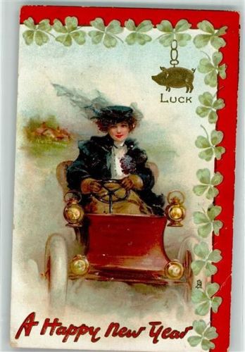 Prägedruck A Happy New Year Neujhr Glücksschwein AK Glückwunsch Auto Gebrauchsspuren