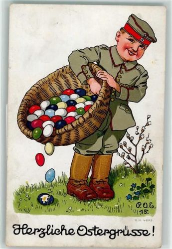 1916 WK I Ostern Kind in Uniform mit Ostereier