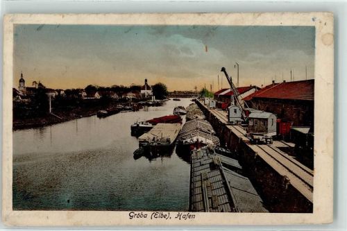 Gröba Hafen Verladekran Frachtkahn Eisenbahn