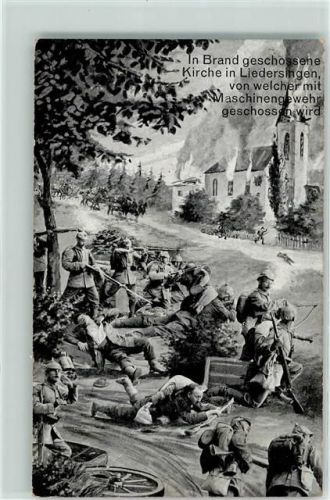 Lidrezing in Brand geschossene Kirche von welcher mit Maschinengewehr geschossen wird Soldat Uniform