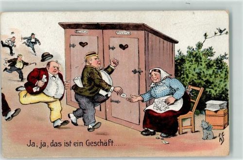 Humor Toilette - Die Leute haben es eilig - Frau kassiert Geld AK