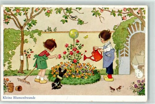 1936 Verlag Oppel & Hess Serie 1435-2 Blumenfreunde Gießkanne Katze Holzschuhe